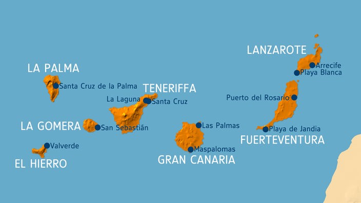 Karte, auf der die sieben Hauptinseln der Kanaren mit den wichtigsten Städten eingezeichnet sind.