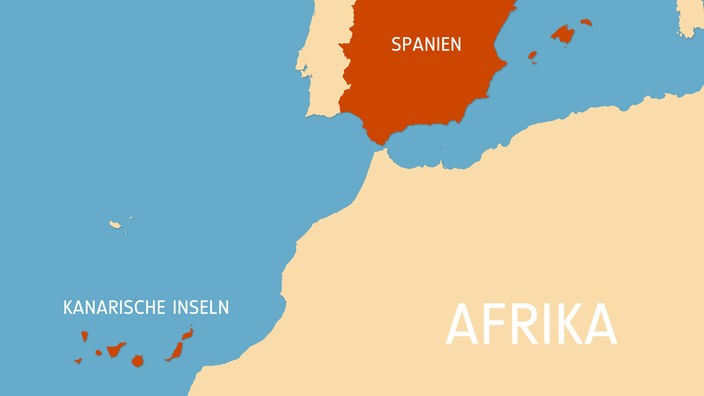 Karte, auf der die Entfernung der Kanarischen Inseln vor der Küste Afrikas zum Mutterland Spanien deutlich wird.