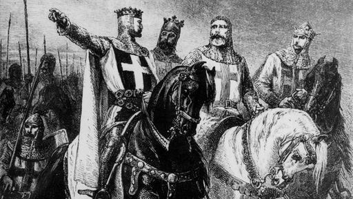 Historischer Schwarzweiß-Stich: Vier Ritter in Rüstung auf Pferden vor einem Heer aus Fußsoldaten.