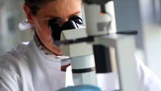Die Wissenschaftlerin Katherina Psathaki blickt in ein Mikroskop.