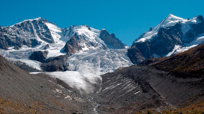 Schweiz, Kanton Graubünden. Der Tschiervagletscher bei Pontresina/Oberengadin mit den Bergen Piz Bernina, Scerscen und Roseg.