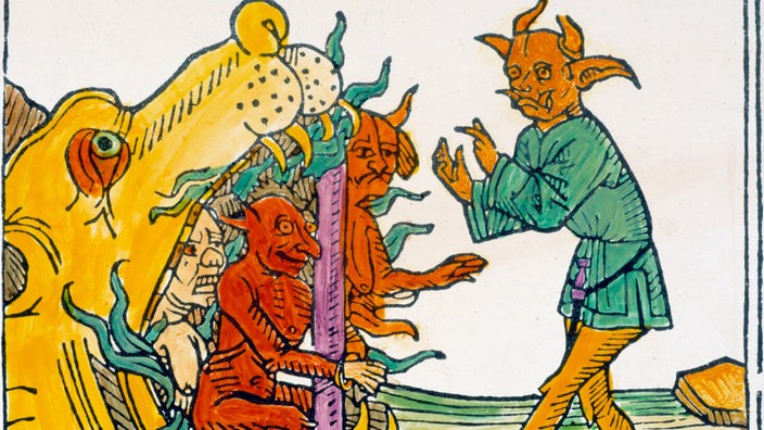 Holzschnitt: Der Teufel Belial vor dem Höllenrachen