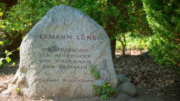 Dieses Bild zeigt eine Großaufnahme vom Hermann-Löns-Gedenkstein: ein großer Findling mit dem eingravierten Namen und den Lebensdaten des Dichters. Der Stein steht idyllisch vor Bäumen.