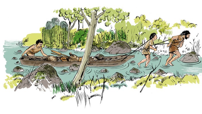 Zeichnung Menschen schieben ein Holzboot in einem Fluss.