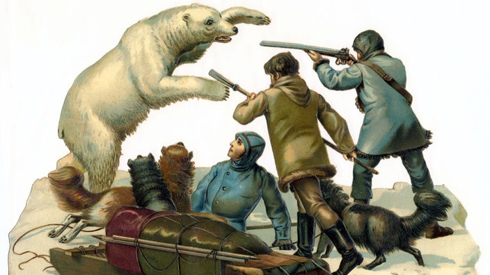 Zeichnung: Drei Männer mit Gewheren jagen einen Eisbären