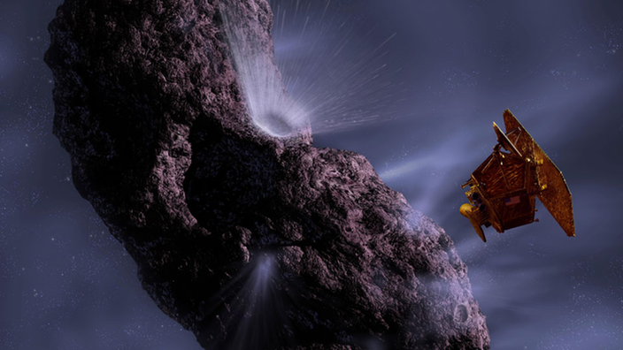 Zeichnung des Impactors und der zugehörigen Raumsonde vor einem großen Kometen.