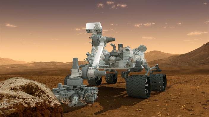 Künstlerische Darstellung des Rovers Curiosity bei seiner Arbeit auf der Marsoberfläche.