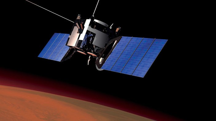 Grafik mit der Sonde Mars Express vor dem Mars im Weltraum