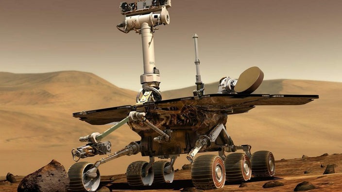 Künstlerische Darstellung eines der Marsrover auf der rötlichen Oberfläche des Mars.