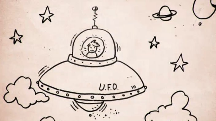 Gezeichnetes Ufo im Weltall.