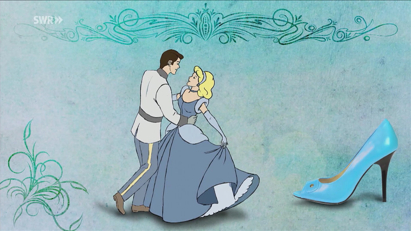 Zeichnung: Prinz und Prinzessin beim Tanz. Rechts davon ist ein überdimensionaler blauer Stiletto abgebildet.