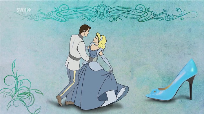 Zeichnung: Prinz und Prinzessin beim Tanz. Rechts davon ist ein überdimensionaler blauer Stiletto abgebildet.