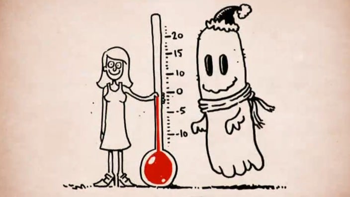 Zeichentrickzeichnung: Eine Frau hält ein Thermometer in der Hand, daneben steht ein Geist.