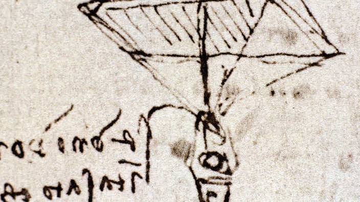 Da Vinci entwarf einen pyramidenförmigen Fallschirm mit einem Holzpüppchen in der Aufhängung.