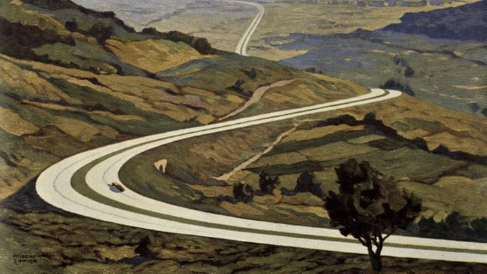 Eine idealisierte bunte Illustration von Robert Zinner aus dem Jahr 1938 zeigt eine geschwungene Autobahn, die sich durch die Landschaft zieht