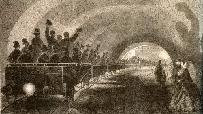  Holzstich "Die erste Probefahrt auf der unterirdischen Eisenbahn in London"