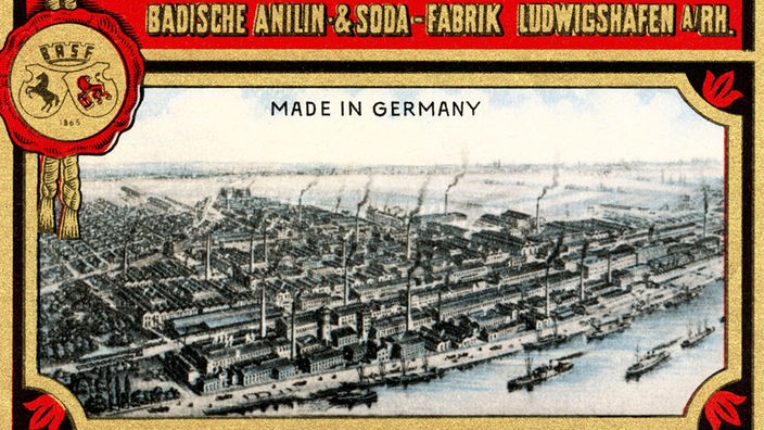 Karte mit Zeichung einer Fabrik und Aufschrift "Badische Anilin- und Sodafabrik Ludwigshafen"