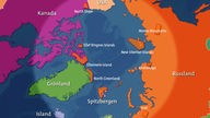 Grafik: Karte mit dem Nordpol im Zentrum und den angrenzenden Anrainerstaaten. Orange Flächen markieren die Gebiete, in denen Expeditionen der BGR durchgeführt wurden.