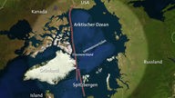 Grafik: Karte mit dem Nordpol im Zentrum und den angrenzenden Anrainerstaaten. Eine rote Linie kennzeichnet den Verlauf der arktischen Störungszone.