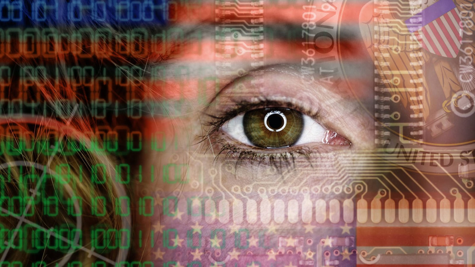 Fotomontage aus einer Datenmatrix und einem Auge und dem Wappen der NSA