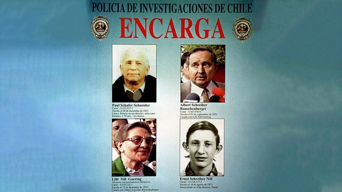 Fahndungsplakat der chilenischen Polizei mit vier Fotos von führenden Colonia Dignidad Mitgliedern.