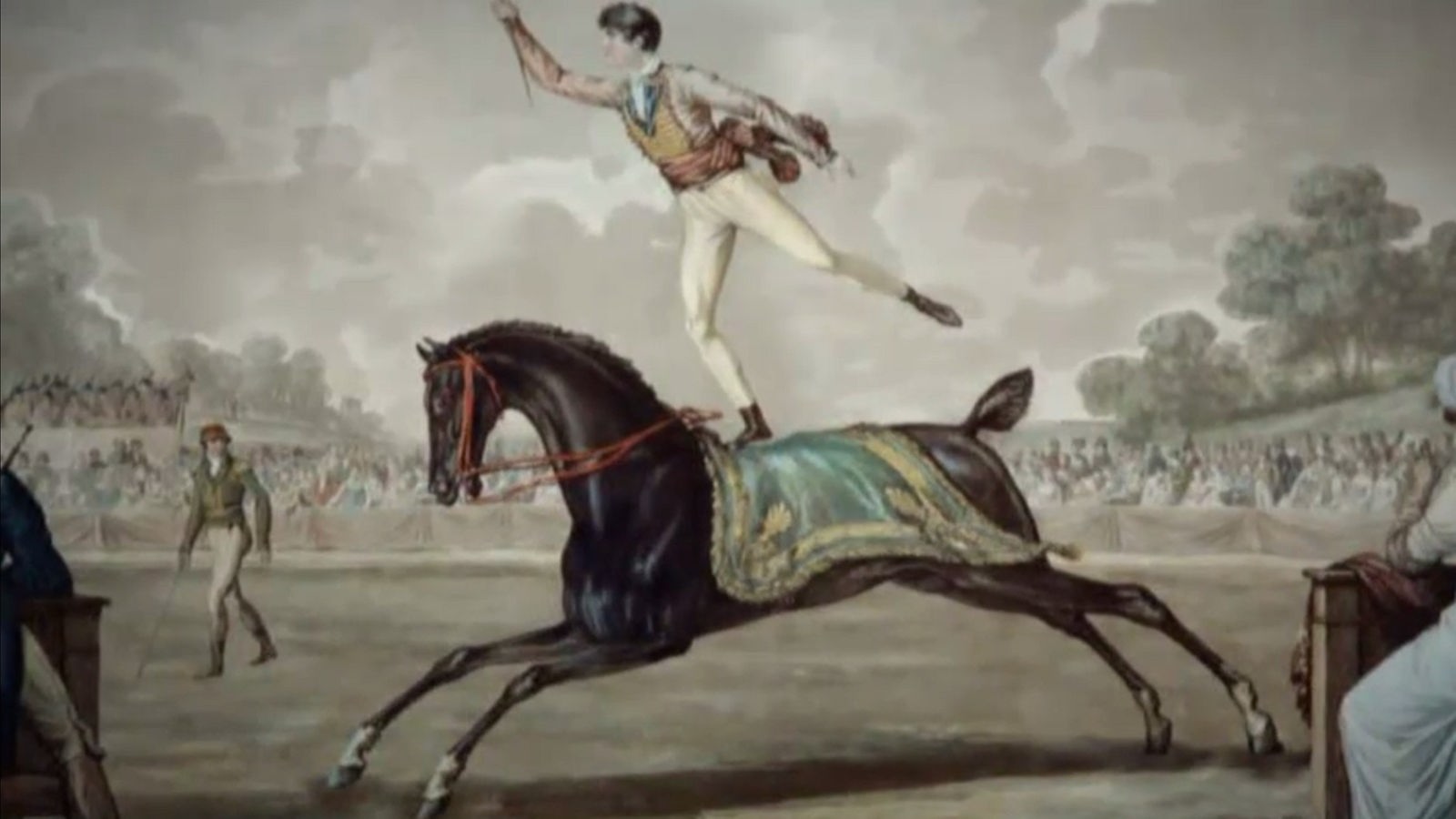Das Bild zeigt einen Zirkus, bei dem eine Person, die auf einem Pferd steht.