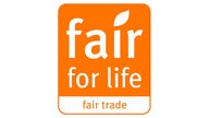 Orange-weißes Siegel "fair for life". 