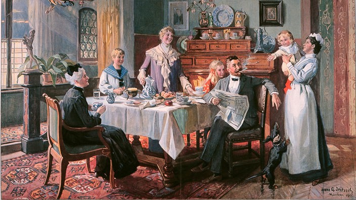 Gemälde: Familie sitzt um einen Tisch, das Kindermädchen hat das jüngste Kind auf dem Arm