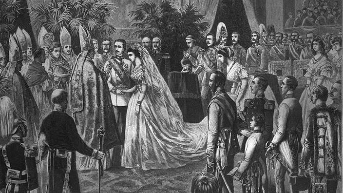 Holzstich der Hochzeit von Kaiser Franz mit Kaiserin Sisi.