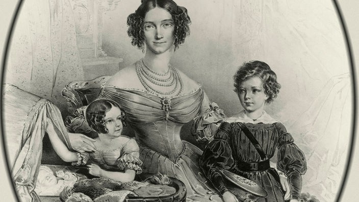 Kreidelithographie von Herzogin Ludovika mit Kindern (1837)