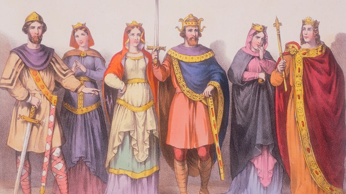 Zeichnung von drei Herrscherpaaren. Von links nach rechts: König Pippin III. und seine Frau Bertha, Kaiser Karl der Große und seine Frau Hildegard, Kaiser Ludwig I. und seine Frau Judith