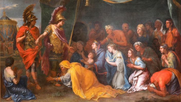 Historisches Gemälde (um 1660): Alexander der Große. Zu seinen Füßen kniet die Familie des Dareios III. nach dessen Niederlage bei Issos 333 v. Chr. | Bildquelle: picture alliance / akg-images Historisches Gemälde (um 1660): Alexander der Große. Zu seinen Füßen kniet die Familie des Dareios III. nach dessen Niederlage bei Issos 333 v. Chr.