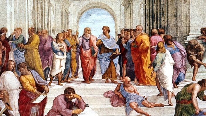 Gemälde von Raffael: "Schule von Athen" ca. 1510. Versammlung der wichtigsten griechischen Philosophen. Platon und Aristoteles stehen zentral in der Mitte. | Bildquelle: INTERFOTO / WELTBILD Gemälde von Raffael: "Schule von Athen" ca. 1510. Versammlung der wichtigsten griechischen Philosophen. Platon und Aristoteles stehen zentral in der Mitte.