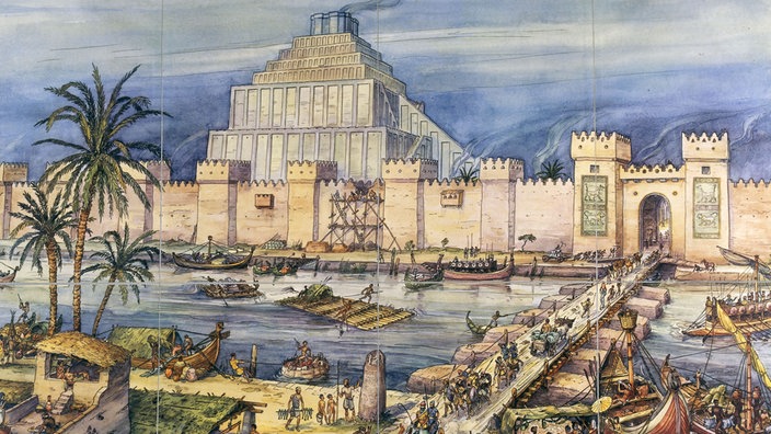 Schulwandbild "Leben in Babylon": Eine Brücke führt über einen Fluss zu einer ummauerten Stadt mit einem pyramidenartigen Turm | Bildquelle: akg Schulwandbild "Leben in Babylon": Eine Brücke führt über einen Fluss zu einer ummauerten Stadt mit einem pyramidenartigen Turm