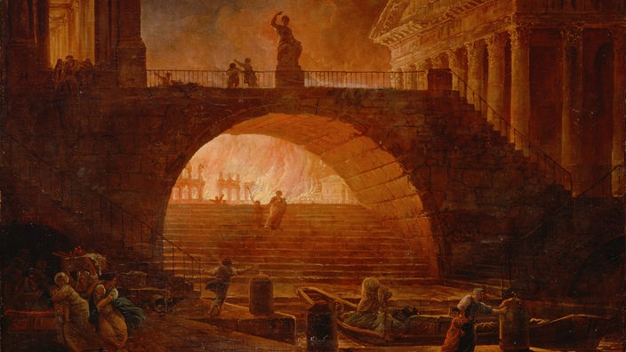 Gemälde: Menschen retten sich aus der brennenden Stadt über eine Brücke in ein Boot.