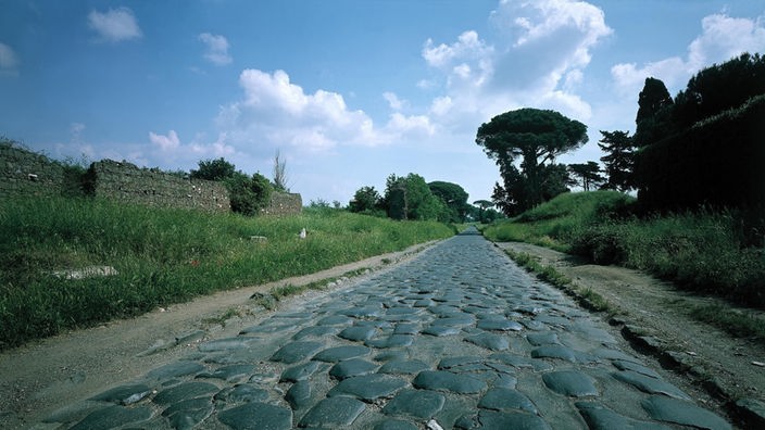 In einer Landschaft mit Pinien und Mauerresten verläuft die schnurgerade, mit großen rundlichen Steinen gepflasterte antike Straße