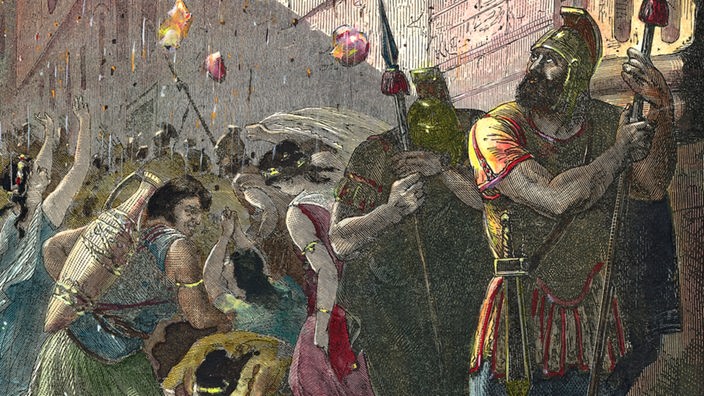Gemälde einer Straßenszene in Pompeji während des Ausbruchs des Vesuvs
