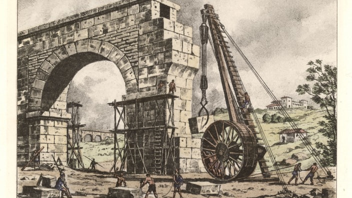 Ein Triumphbogen wird mit Hilfe eines Baukrans errichtet. Den Fuß des Kranes bilden ein großes Rad und ein Leitergerüst. Stabilität und Gegengewicht gleichen Seilzüge aus, die am Boden fixiert sind. | Bildquelle: akg Ein Triumphbogen wird mit Hilfe eines Baukrans errichtet. Den Fuß des Kranes bilden ein großes Rad und ein Leitergerüst. Stabilität und Gegengewicht gleichen Seilzüge aus, die am Boden fixiert sind.