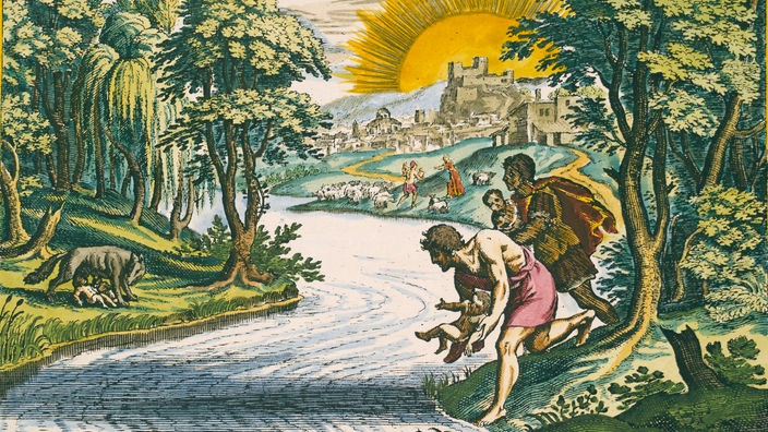 Kupferstich von Matthaeus Merian: Die Aussetzung von Romulus und Remus 