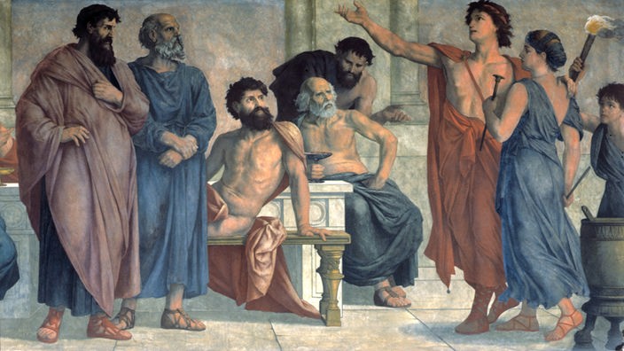 Gemälde: Sokrates im Kreis seiner Schüler.