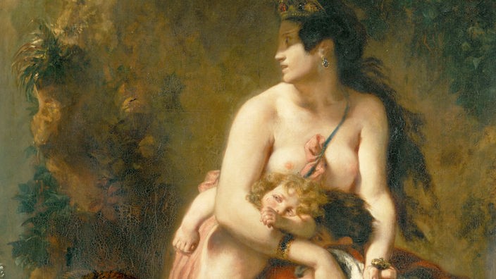 Gemälde: Eine barbusige Frau hält zwei Kinderleichen an sich gedrückt, in der Hand einen Dolch.