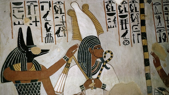 Wandmalerei: Die Götter Anubis und Osiris