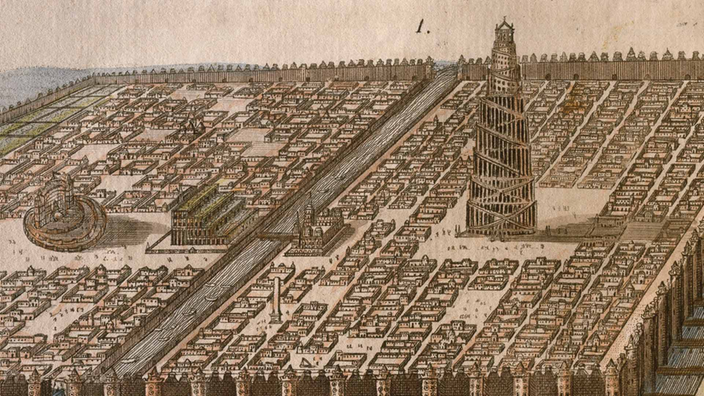 Ein Kupferstich zeigt die Stadt Babylon mit dem Turm und einem markanten treppenförmigen Gebäude: die Hängenden Gärten von Babylon.