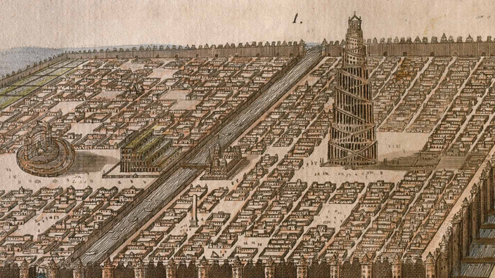 Ein Kupferstich zeigt die Stadt Babylon mit dem Turm und einem markanten treppenförmigen Gebäude: die Hängenden Gärten von Babylon. | Bildquelle: Akg-Images Ein Kupferstich zeigt die Stadt Babylon mit dem Turm und einem markanten treppenförmigen Gebäude: die Hängenden Gärten von Babylon.
