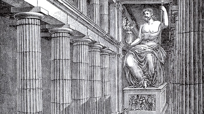 Historischer Stich von einer riesigen Zeusstatue des Bildhauers Phidias im Innenhof des Zeustempels in Olympia. | Bildquelle: Akg-Images/bilwissedition Historischer Stich von einer riesigen Zeusstatue des Bildhauers Phidias im Innenhof des Zeustempels in Olympia.