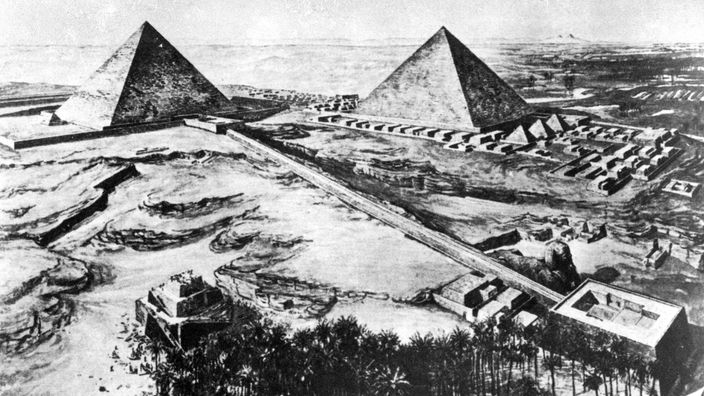 Schwarz-weiß-Zeichnung: Rekonstruktion der Pyramiden von Gizeh