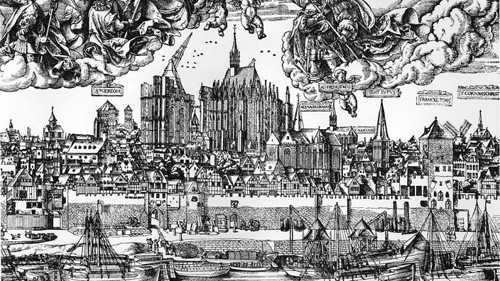 Ein zeitgenössischer Holzschnitt zeigt die Stadt Köln um das Jahr 1530.
