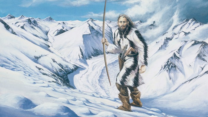Gemälde: Ötzi auf verschneitem Gletscher.