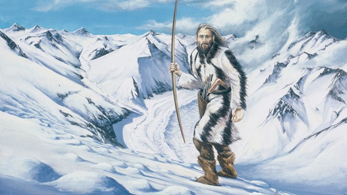Gemälde: Ötzi auf verschneitem Gletscher. | Bildquelle: AKG/Johann Brandste Gemälde: Ötzi auf verschneitem Gletscher.