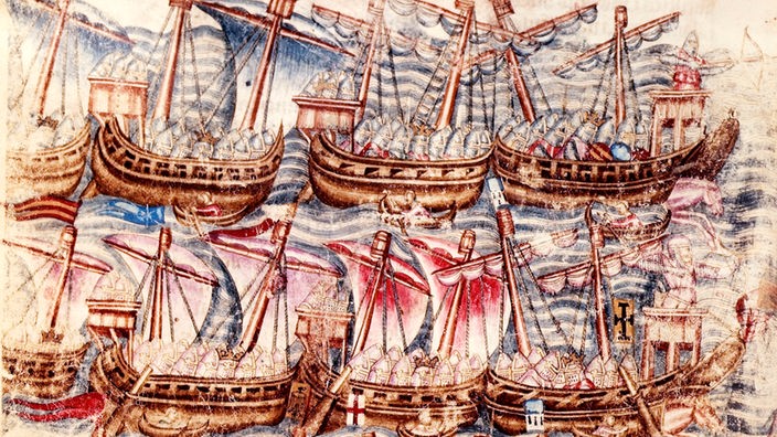 Buchmalerei: Zahlreiche Segelschiffe nebeneinander
